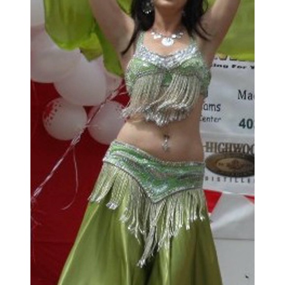 Green & Silver Glass Bead Handmade Belly Dance Costume - Picture 2 of 2